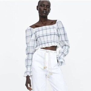 Zara Women's Plaid Smocked Off-Shoulder Long Sleeve Cropped Top Size XS